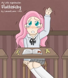 Size: 550x627 | Tagged: safe, artist:caramelcookie, character:fluttershy, species:human, clothing, female, humanized, schoolgirl, skirt, solo