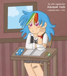 Size: 550x627 | Tagged: safe, artist:caramelcookie, character:rainbow dash, species:human, clothing, female, humanized, schoolgirl, skirt, solo, window