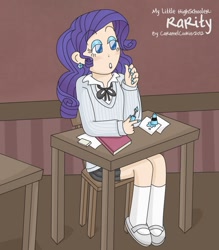 Size: 550x627 | Tagged: safe, artist:caramelcookie, character:rarity, species:human, book, clothing, ear piercing, earring, female, humanized, jewelry, nail polish, piercing, schoolgirl, skirt, solo