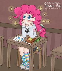 Size: 550x627 | Tagged: safe, artist:caramelcookie, character:pinkie pie, species:human, clothing, female, humanized, mismatched socks, schoolgirl, skirt, socks, solo