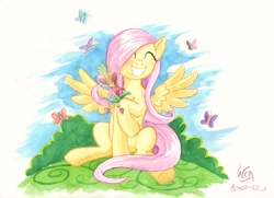 Size: 1024x743 | Tagged: safe, artist:the-wizard-of-art, character:fluttershy, species:pegasus, species:pony, blushing, butterfly, eyes closed, female, flower, happy, heart's desire, holding, mare, raised hoof, sitting, smiling, solo, spread wings, traditional art, wings