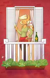 Size: 899x1400 | Tagged: safe, artist:erysz, character:applejack, oc, oc:sparkling cider, species:anthro, balcony, cider, eyes closed, female, glass, solo, ultimare universe