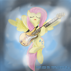 Size: 894x894 | Tagged: safe, artist:fluffywuffs, artist:shadawg, character:fluttershy, species:pegasus, species:pony, bass guitar, bipedal, eyes closed, female, guitar, musical instrument, solo