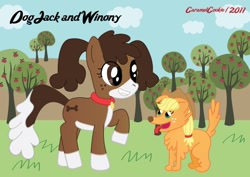 Size: 700x495 | Tagged: safe, artist:caramelcookie, character:applejack, character:winona, species:dog, species:earth pony, species:pony, apple tree, collar, dogified, female, grin, mare, open mouth, ponified, ponified pony pets, role reversal, smiling, species swap, tongue out, tree