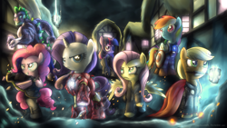 Size: 1920x1080 | Tagged: safe, artist:fongsaunder, character:applejack, character:fluttershy, character:pinkie pie, character:rainbow dash, character:rarity, character:spike, character:twilight sparkle, species:dragon, species:earth pony, species:pegasus, species:pony, species:unicorn, avengers, badass, bipedal, black widow (marvel), captain america, clothing, costume, crossover, female, flutterbadass, hammer, hawkeye, iron man, male, mane seven, mane six, mare, mouth hold, my little avengers equestria's mightiest ponies, nick fury, night, parody, ponyville, s.h.i.e.l.d., shield, the incredible hulk, thor, wallpaper, weapon