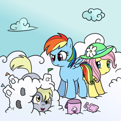 Size: 1000x1000 | Tagged: safe, artist:madmax, artist:pacce, character:derpy hooves, character:fluttershy, character:rainbow dash, species:pegasus, species:pony, blank flank, clothing, cloud, female, filly, foal, hat, hooves, on a cloud, open mouth, standing on a cloud, wings, younger