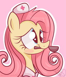 Size: 4779x5555 | Tagged: safe, artist:balloons504, character:fluttershy, species:pegasus, species:pony, absurd resolution, blushing, bust, cute, female, mare, mouth hold, nurse, nurse outfit, pink background, portrait, simple background, smiling, solo, spoon