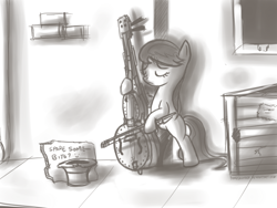 Size: 1024x768 | Tagged: safe, artist:fongsaunder, character:octavia melody, species:earth pony, species:pony, bipedal, busking, cello, eyes closed, female, mare, monochrome, musical instrument, sign, solo