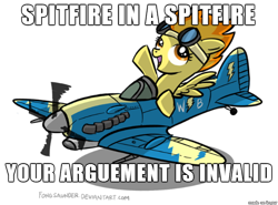 Size: 610x451 | Tagged: safe, artist:fongsaunder, artist:sharpysaber, character:spitfire, aircraft, comedy, cute, funny, goggles, image macro, meme, namesake, plane, signature, simple background, supermarine spitfire, transparent background, yo dawg, your argument is invalid