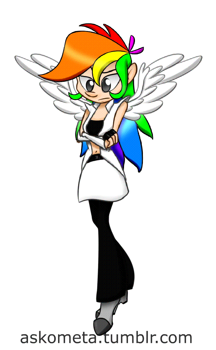 Size: 733x1185 | Tagged: safe, artist:askometa, oc, oc only, oc:power rainbow, species:human, animated, crossed arms, flapping, flying, humanized, humanized oc, not rainbow dash, rainbow hair, solo, winged humanization