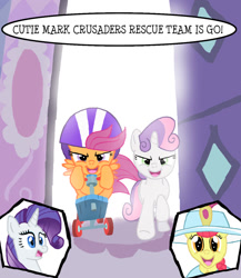 Size: 890x1024 | Tagged: safe, artist:kinrah, character:apple bloom, character:rarity, character:scootaloo, character:sweetie belle, species:pegasus, species:pony, clothing, hat, scooter