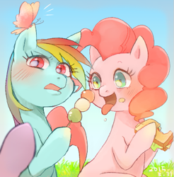 Size: 511x520 | Tagged: safe, artist:chi-hayu, character:pinkie pie, character:rainbow dash, species:earth pony, species:pegasus, species:pony, blushing, butterfly, dango, eating, female, food, grass, insect on ear, mare, open mouth, sandwich, sky, tongue out