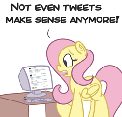 Size: 1800x1737 | Tagged: safe, artist:perrydotto, character:fluttershy, episode:the cutie map, g4, my little pony: friendship is magic, computer, doge, even tweets don't make sense anymore, female, frown, gamergate, open mouth, pun, solo, twitter, wide eyes