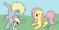 Size: 1280x643 | Tagged: safe, artist:pacce, artist:zeph, character:derpy hooves, character:fluttershy, species:pegasus, species:pony, ship:derpyshy, female, lesbian, letter, mare, shipping