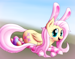 Size: 2300x1800 | Tagged: safe, artist:smokedpone, character:fluttershy, bunny ears, bunnyshy, clothing, cute, easter, easter egg, egg, looking at you, open mouth, shyabetes, socks, striped socks, wide eyes