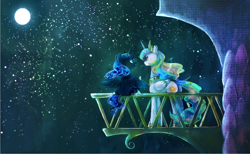 Size: 1464x900 | Tagged: safe, artist:chi-hayu, character:princess celestia, character:princess luna, species:alicorn, species:pony, balcony, canterlot, female, mare, moon, night, night sky, royal sisters, scenery, sisters, sitting, sparkly, stars