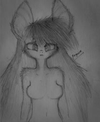 Size: 1024x1242 | Tagged: safe, artist:metalliclenneth, oc, oc only, oc:lenna, species:anthro, belly button, drawing, fluffy, grayscale, long mane, monochrome, solo, traditional art