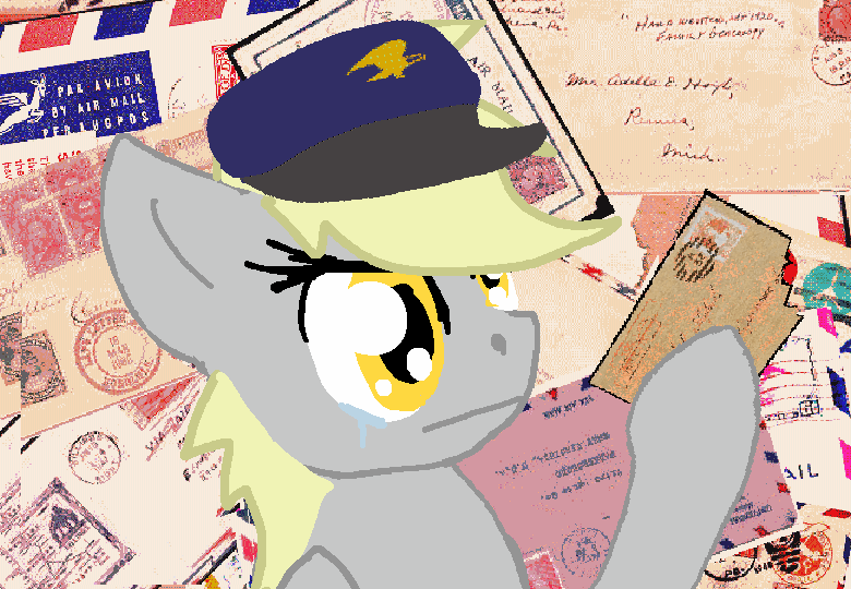 Size: 780x540 | Tagged: safe, artist:oddwarg, character:derpy hooves, species:pegasus, species:pony, animated, clothing, crossover, crying, female, hat, homestuck, letter, mail, mailmare, mailmare hat, mare, ms paint adventures, peregrine mendicant