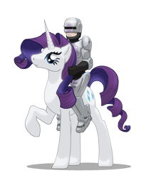 Size: 1471x1795 | Tagged: safe, artist:oddwarg, character:rarity, species:human, crossover, looking at you, raised hoof, riding, robocop, simple background, transparent background
