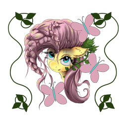 Size: 1500x1500 | Tagged: dead source, safe, artist:hereticofdune, character:fluttershy, species:pony, braid, bust, butterfly, female, fluffy, looking at you, mare, open mouth, portrait, simple background, solo, stray strand, three quarter view, transparent background, vine