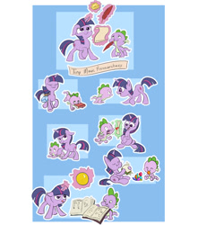 Size: 924x1044 | Tagged: safe, artist:nukilik, character:spike, character:twilight sparkle, species:dragon, species:pony, species:unicorn, baby spike, book, cute, eating, eyes closed, female, filly, hnnng, looking at each other, magic, male, nukilik is trying to murder us, open mouth, smiling, spikabetes, tongue out, twiabetes