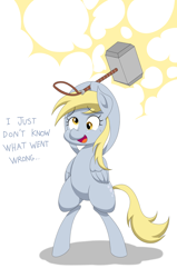 Size: 1300x2048 | Tagged: safe, artist:janji009, character:derpy hooves, species:pony, bipedal, female, hammer, mjölnir, solo, this will end in tears, war hammer, xk-class end-of-the-world scenario