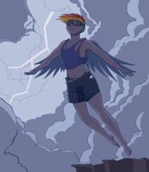 Size: 2600x3000 | Tagged: safe, artist:jakneurotic, character:rainbow dash, species:human, armpits, barefoot, cliff, clothing, eyes closed, feet, flying, goggles, high res, humanized, lightning, shorts, smiling, spread wings, storm, winged humanization, wings, younger