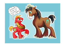 Size: 820x591 | Tagged: safe, artist:nukilik, character:big mcintosh, character:trouble shoes, species:earth pony, species:pony, episode:appleoosa's most wanted, g4, my little pony: friendship is magic, eye contact, floppy ears, frown, grin, male, nervous, raised hoof, size comparison, size difference, smiling, stallion, sweat, thought bubble, unshorn fetlocks