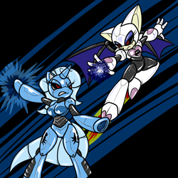 Size: 2000x2000 | Tagged: safe, artist:chaoscroc, character:trixie, species:anthro, species:unguligrade anthro, arm hooves, crossover, eggman empire of equestria, fight, mecha, robot, roboticization, rouge the bat, sonic the hedgehog (series)