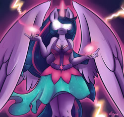 Size: 1200x1126 | Tagged: safe, artist:erysz, character:twilight sparkle, character:twilight sparkle (alicorn), species:alicorn, species:anthro, species:pony, cleavage, clothing, dress, female, glowing eyes, magic, solo