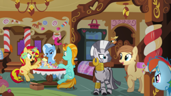 Size: 2500x1400 | Tagged: safe, artist:anarchemitis, character:applejack, character:carrot cake, character:fluttershy, character:lightning dust, character:pinkie pie, character:rainbow dash, character:rarity, character:sunset shimmer, character:trixie, character:twilight sparkle, character:zecora, oc, oc:cream heart, species:pony, species:zebra, episode:pinkie spy, g4, my little pony: equestria girls, luster dust, magic, mane six, pie, pointy ponies, spying, tennis ball