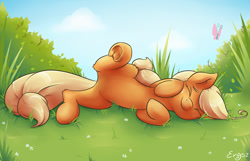 Size: 1200x771 | Tagged: safe, artist:erysz, character:applejack, species:pony, g4, cute, female, grass, horses doing horse things, jackabetes, mare, rolling, silly, silly pony, solo, underhoof