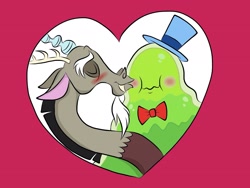 Size: 2048x1536 | Tagged: safe, artist:fiona brown, character:discord, character:smooze, ship:smoozcord, episode:make new friends but keep discord, g4, my little pony: friendship is magic, blushing, heart, kissing, shipping