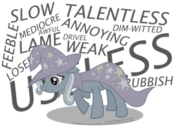 Size: 1280x952 | Tagged: safe, artist:fongsaunder, character:trixie, species:pony, species:unicorn, g4, abuse, bullying, cape, clothing, cruel, discorded, disembodied thoughts, feels, female, first abuse picture on derpibooru, floppy ears, frown, hat, hate, insult, looking down, mare, raised hoof, sad, signature, simple background, solo, teasing, text, transparent background, trixie's cape, trixie's hat, trixiebuse, walking, wizard hat