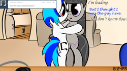 Size: 1100x619 | Tagged: safe, artist:abaddon41, character:dj pon-3, character:octavia melody, character:vinyl scratch, species:pony, ship:scratchtavia, ask, bipedal, dancing, female, lesbian, shipping