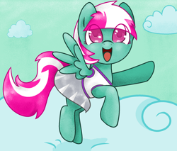 Size: 1024x872 | Tagged: safe, artist:csox, character:spring step, character:sunlight spring, cheerleader, clothing, cloud, cloudy, cute, flying, sky, solo