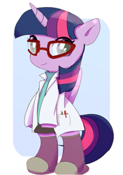 Size: 457x649 | Tagged: safe, artist:youhoujou, character:twilight sparkle, character:twilight sparkle (scitwi), species:pony, bipedal, clothing, cute, female, glasses, hooves, horn, looking at you, mare, ponified, scitwilicorn, slippers, solo, twiabetes