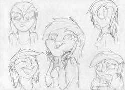 Size: 3503x2543 | Tagged: safe, artist:megaanimationfan, character:rainbow dash, species:human, dashface, expressions, humanized, monochrome, sketch, traditional art