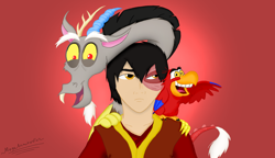 Size: 1024x591 | Tagged: safe, artist:megaanimationfan, character:discord, aladdin, avatar the last airbender, crossover, disney, iago, it makes sense in context, nickelodeon, reformed, reformed villain, signature, zuko