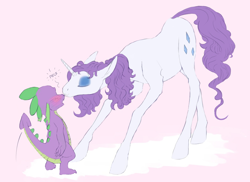 Size: 1100x800 | Tagged: safe, artist:jakneurotic, character:rarity, character:spike, species:dragon, species:pony, species:unicorn, ship:sparity, blushing, female, interspecies, kissing, male, mare, shipping, size difference, straight, tailboner