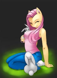 Size: 1148x1578 | Tagged: safe, artist:shnider, character:fluttershy, species:anthro, species:plantigrade anthro, species:rabbit, breasts, clothing, eyes closed, female, fluffy, jeans, kneeling, shirt, solo