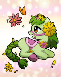 Size: 674x850 | Tagged: safe, artist:lindsay cibos, oc, oc only, species:earth pony, species:pony, abstract background, braid, braided tail, bridle, butterfly, choker, colored hooves, female, flower, flower in hair, looking back, mare, open mouth, saddle, smiling, solo, tack, tailband, underhoof