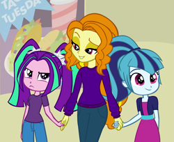 Size: 1303x1063 | Tagged: safe, artist:dilemmas4u, character:adagio dazzle, character:aria blaze, character:sonata dusk, my little pony:equestria girls, adoragio, alternate universe, ariabetes, beautiful, cute, holding hands, loose hair, mamadagio, mother, mother and daughter, older, show accurate, sonatabetes, taco tuesday, the dazzlings, younger