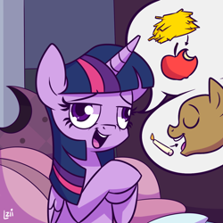 Size: 1024x1024 | Tagged: safe, artist:elzielai, character:twilight sparkle, character:twilight sparkle (alicorn), species:alicorn, species:pony, episode:princess spike, g4, my little pony: friendship is magic, apple, candle, derp, female, hay, mare, non sequitur, scene interpretation, sleepy, solo, tired twilight