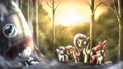 Size: 1920x1080 | Tagged: safe, artist:fongsaunder, character:apple bloom, character:fluttershy, character:scootaloo, character:sweetie belle, species:pegasus, species:pony, cutie mark crusaders, doctor who, reddit, rocket, snoo, sonic screwdriver