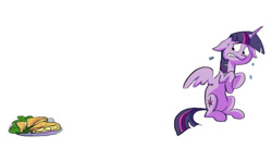 Size: 887x482 | Tagged: safe, artist:nukilik, character:twilight sparkle, character:twilight sparkle (alicorn), species:alicorn, species:pony, episode:party pooped, g4, my little pony: friendship is magic, female, floppy ears, gritted teeth, mare, nervous, quesadilla, scared, sitting, solo, sweat, that was fast, they're just so cheesy
