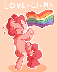 Size: 839x1063 | Tagged: safe, artist:sunomii, character:pinkie pie, species:earth pony, species:pony, bipedal, blush sticker, blushing, cute, diapinkes, female, flag, gay pride, gay pride flag, heart, hoof hold, lgbt, looking at you, lovewins, one eye closed, open mouth, orange background, pride, raised leg, simple background, smiling, solo, wink