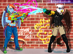 Size: 1280x936 | Tagged: safe, artist:g-blue16, character:rainbow dash, oc, oc:iris ironhide, species:anthro, species:griffon, bellyring, boots, clothing, gloves, piercing, police officer, wet mane