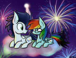 Size: 1024x792 | Tagged: safe, artist:littlecloudie, character:rainbow dash, character:soarin', ship:soarindash, burnt, female, fireworks, male, shipping, straight