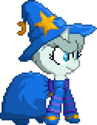 Size: 504x648 | Tagged: safe, artist:minus, artist:quarantinedchaoz, oc, oc only, oc:deep blue, species:pony, species:unicorn, clothing, cute, foal, foal quest, hat, pixel art, shoes, solo, witch, witch hat, wizard hat